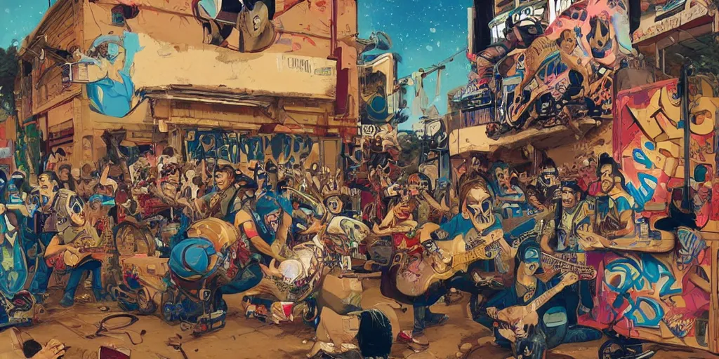 Prompt: beautiful painting of pop punk french buldogs playing punk rock show, by Tristan Eaton, James Gurney, greg rutkowski. trending on Artstation, 8k, masterpiece, graffiti paint, fine detail, full of color, intricate detail, golden ratio illustration, corgi