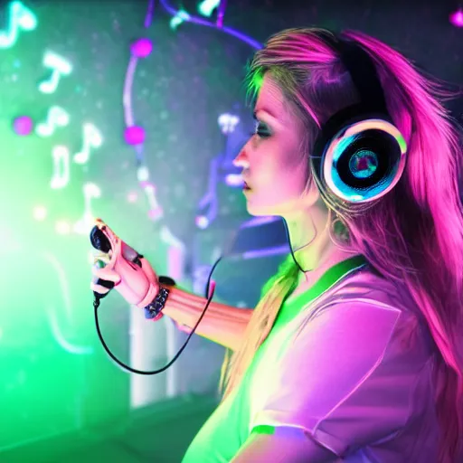 Image similar to a female woman dj playing music on a controller under the stars at a rave party, wearing headphones, long blonde hair with a side part, small kitten sitting nearby, neon pink, neon purple, octane 8 k render, hyper realistic, cyberpunk