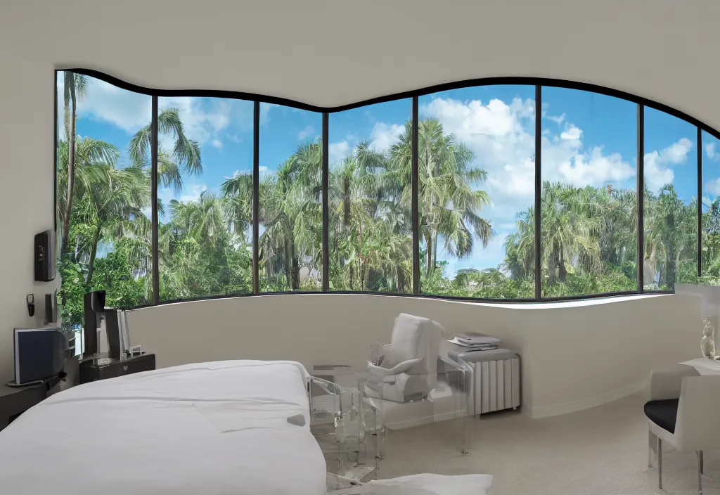 Image similar to curved transparent windows, tv, florida weathermap, volumetric lighting, bedroom, visor, users, pair of keycards on table, bokeh, creterion collection, shot on 7 0 mm, instax