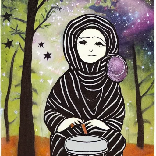 Image similar to a babushka playing drums and in a forest with stars in the sky over her head