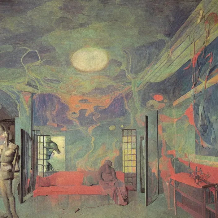 Image similar to interior of an old house flooded. african masks. aurora borealis. iridescent, psychedelic colors. painting by balthus, piero della francesca, agnes pelton, bosch, utamaro, monet