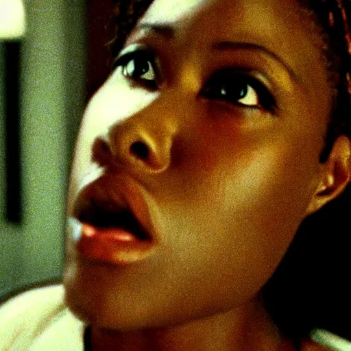 Image similar to a cinematic film still of A 1990s black horror film, portrait, 40mm lens, shallow depth of field, close up, split lighting, cinematic