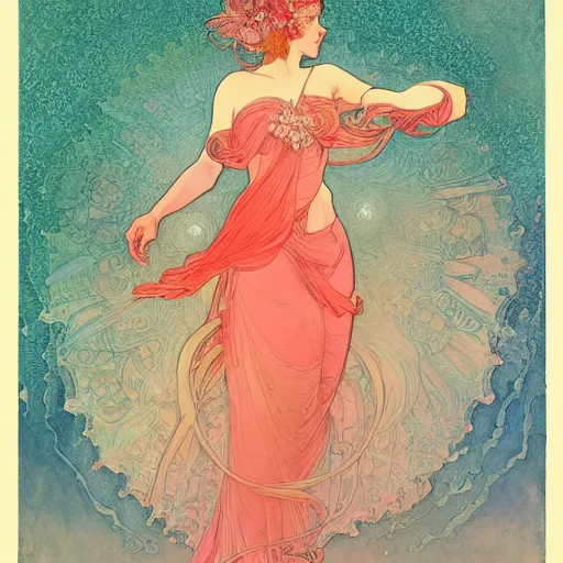 Image similar to a beautiful intricate watercolor illustration of a dancing princess in a coral outfit, 4 k, ultra - wide angle, by william turner, by victo ngai, by alphonse mucha, by moebius, by gustave dore, hd, trending on artstation, hyper detailed, muted intense colors