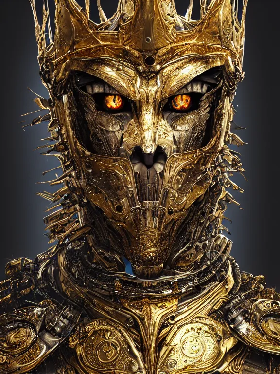 Prompt: portrait art of 8k ultra realistic werewolf,intricate gold crown, detailed intricate ornate armour,decaying, cybernetic, full of colour, cinematic lighting, battered, trending on artstation, 4k, hyperrealistic, focused, extreme details,unreal engine 5, cinematic, masterpiece, art by ayami kojima, giger