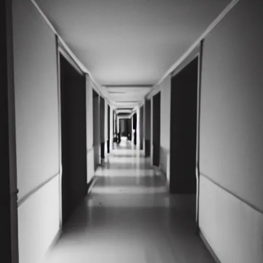 Image similar to I see shadows in the halls, dark ambiance, film grain, horror elements.