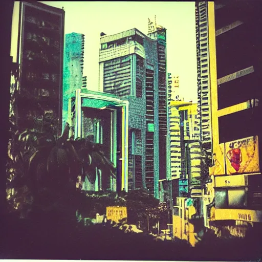 Image similar to a polaroid photo of cyberpunk guatemala city with cyberpunk aesthetic