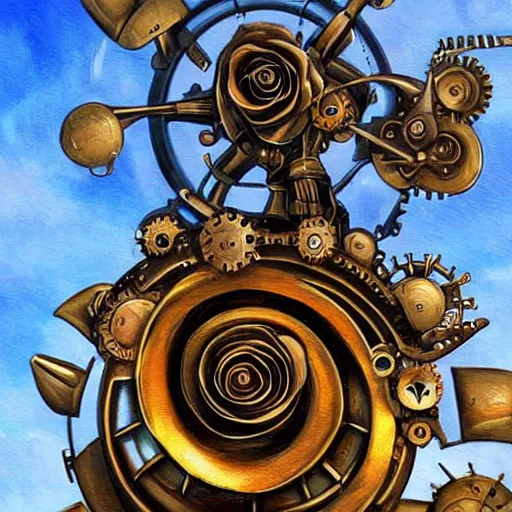 Image similar to giant mechanical rose, steampunk, fantasy art, sky, detailed, behrens style