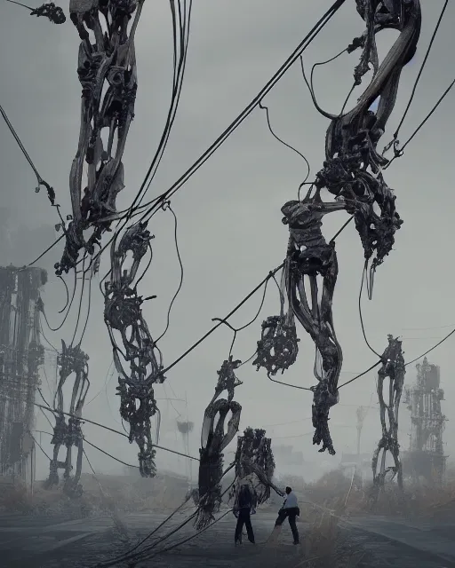 Image similar to a dramatic shot people looking at a giant fat biomechanical cocoon made of bones and cables with cyber muscles and pale skin hanging from the powerlines in a suburb during a foggy day with a flock of birds in the sky, trending on artstation