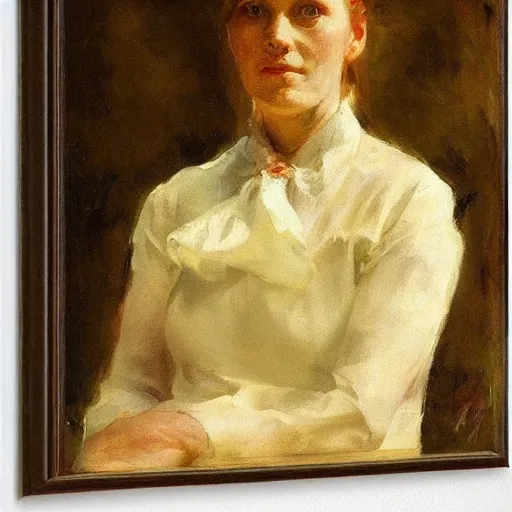 Image similar to a portrait of a character by anders zorn