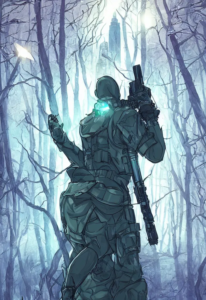 Image similar to A modern comic book cover of an android soldier wearing a trench coat and high tech glowing boots, with back to the camera, in a forest made of crystal, looking up at a crystal temple with a tower glowing in the fog