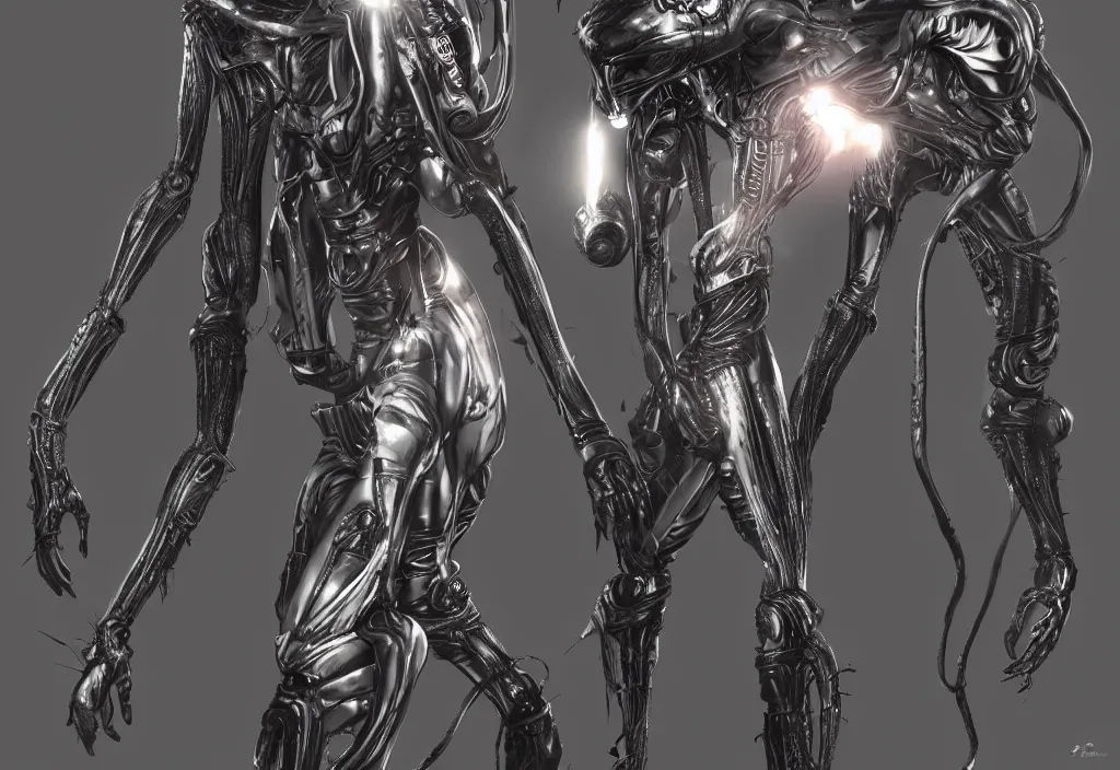Image similar to alien character wearing a gantz suit, award - winning full body character art, artstation, highly detailed