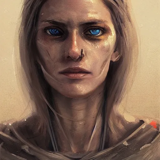 Image similar to portrait of a woman by greg rutkowski, she is about 3 0 years old, slavic, pretty, blond hair with two strans around her face, devastated expression, helplessness and denial, she is wearing a futuristic space gear, highly detailed portrait, digital painting, artstation, concept art, smooth, sharp foccus ilustration, artstation hq.