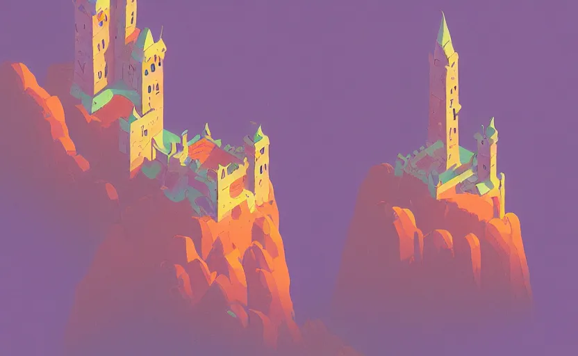 Image similar to old tiny castle on a hill, james gilleard, moebius, print, game art