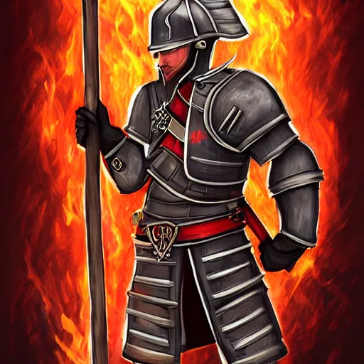 Image similar to A fantasy knight wearing firefighter gear and holding a fire axe, highly detailed, digital art, sharp focus, trending on art station, fire elemental, anime art style