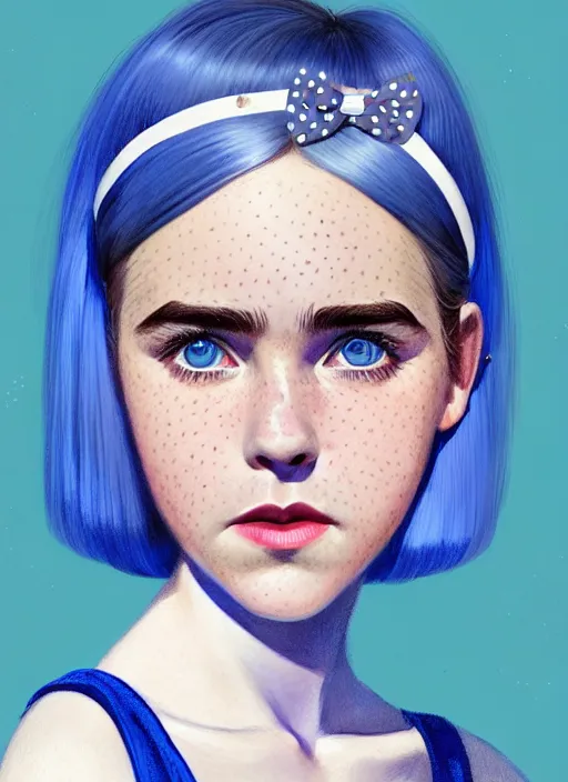 Image similar to portrait of kiernan shipka with freckles, white hair, 1 9 6 0 s bob hairstyle with bangs and hairband, blue 1 9 6 0 s dress, intricate, elegant, glowing lights, highly detailed, digital painting, artstation, concept art, smooth, sharp focus, illustration, art by wlop, mars ravelo and greg rutkowski