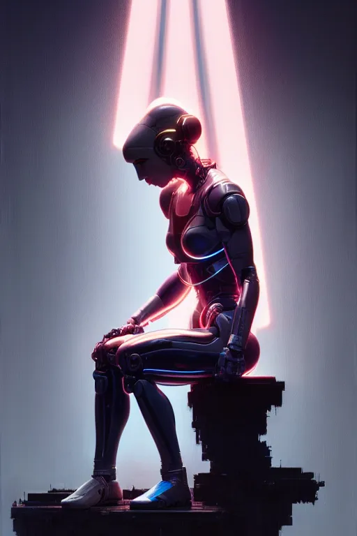 Image similar to cyborg, Natalie Portman sitting on a stool, very detailed, dramatic lighting, electrical details, high details, 4k, 8k, trending on artstation, by Greg Rutkowski, Wayne Barlowe, Hajime Sorayama and Boris Vallejo