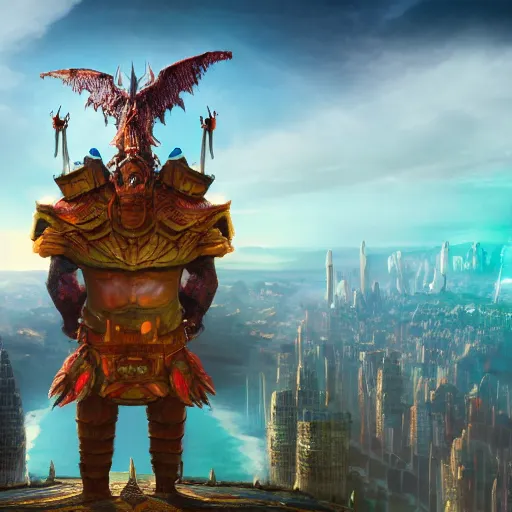 Image similar to giant creature with a city on top of his shoulders, ultra detailed, well composed, epic, beautiful colors, 8 k