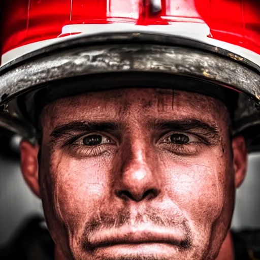 Prompt: close up face male portrait of a fire fighter who just finished is last shift.