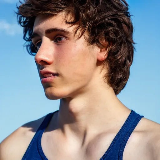Image similar to portrait of a boy around 20 yo. Natural brown hair, net tanktop. Detailed face. Blue sky background. Foto 8K
