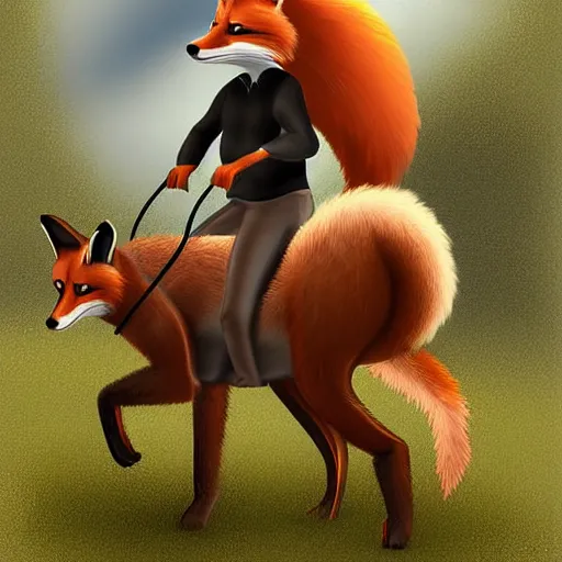 Image similar to a very large fox with a riding saddle offers a ride to a raccoon, digital art