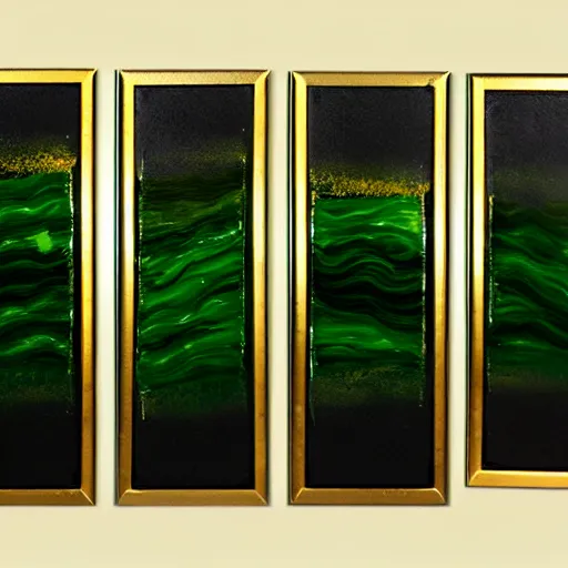 Image similar to a pour painting triptych, gold black green colors, abstract, thick paint, glossy, resin coated