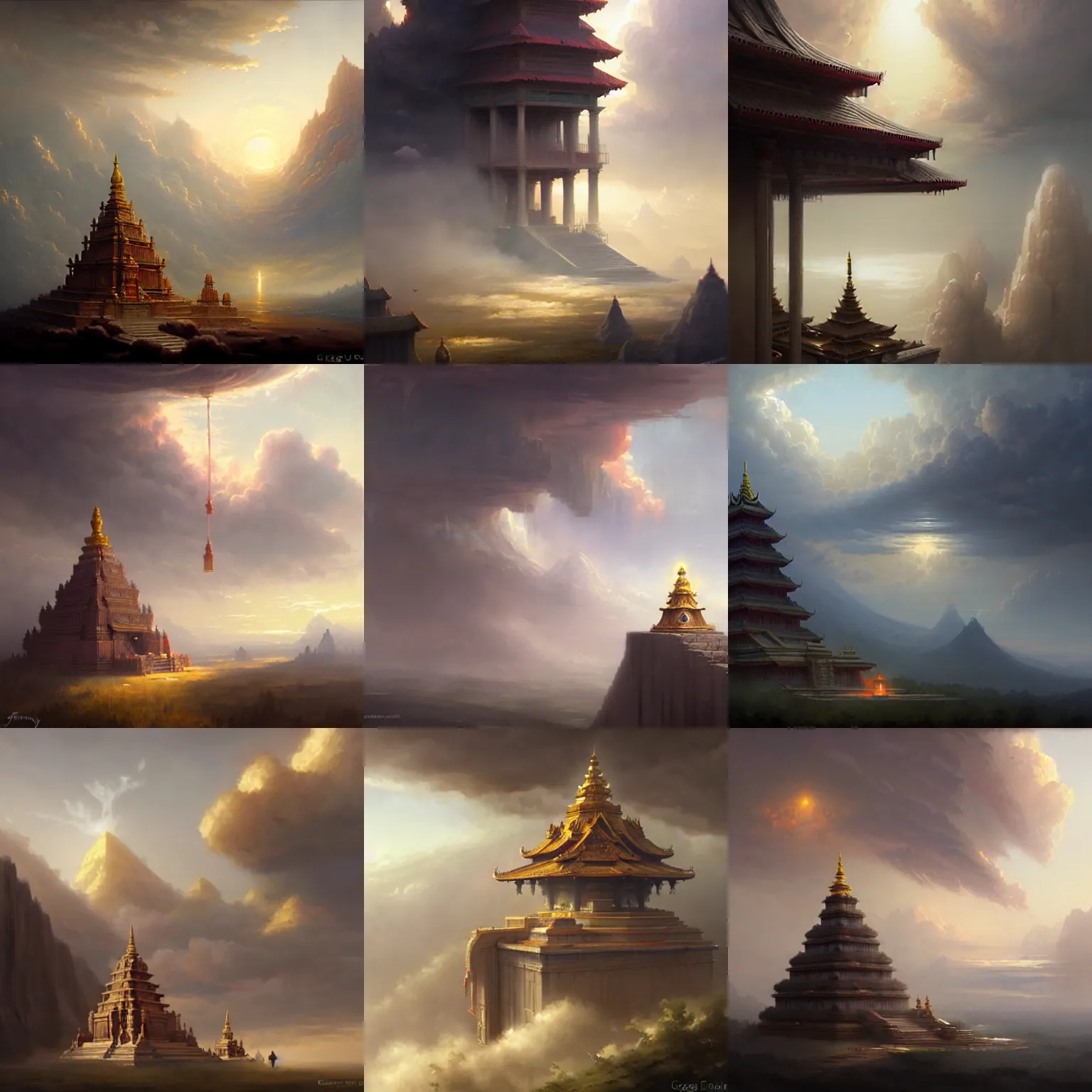 Prompt: a temple in the clouds, by greg rutkowski and james gurney