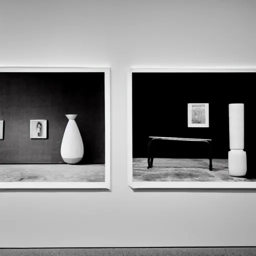 Prompt: a / photography / of / an / exhibition / space / with / ethnographic / objects / on / display / 6 0 s / offset / lithography / black / white / 8 k