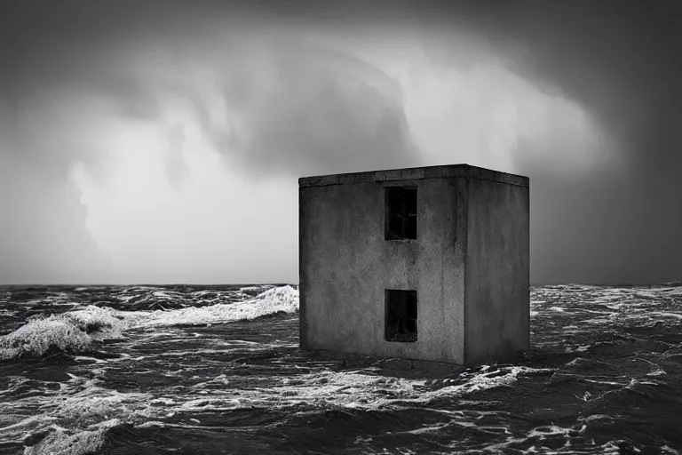 Prompt: high key lighting, ighting storm, danila tkachenko, photograph of an abandoned soviet building block in the middle of the ocean, big waves. dramatic lighting