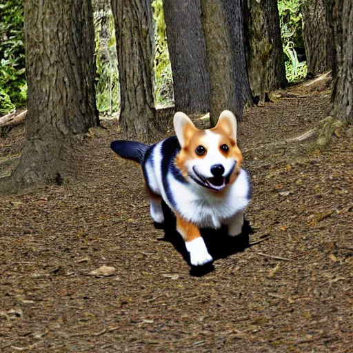 Prompt: A corgi running through trees by Paul Atreides