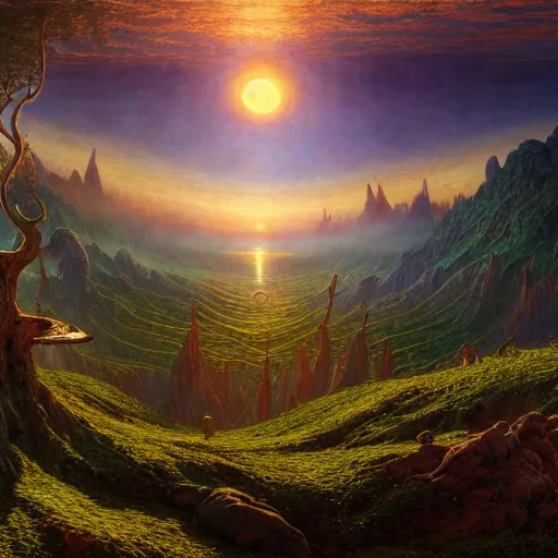 Image similar to a beautiful and highly detailed matte painting of the lost elven land of beautiful dreams, sunrise, celtic, psychedelic, epic scale, insanely complex, hyperdetailed, sharp focus, hyperrealism, artstation, cgsociety, 8 k, bright colors, by caspar friedrich, albert bierstadt, james gurney, brian froud,