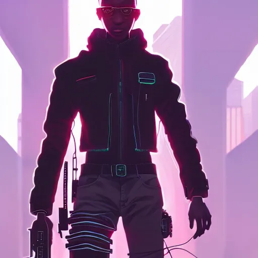 Prompt: a young black cyberpunk cowboy, tech wear, single subject, scenic full shot, ambient lighting, detailed face, by makoto shinkai, stanley artgerm lau, wlop, rossdraws