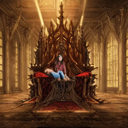 Prompt: painting of a fantasy huge throne room with a teenage girl with brown hair wearing ragged modern shirt and jeans pants sitting in a tall spikey throne in a huge castle room, lightshafts and foggy atmosphere, in the style of wlop