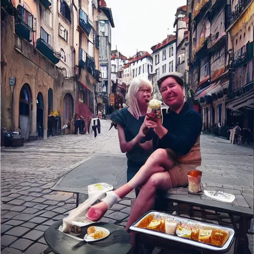 Image similar to a blonde woman & Michael mcintyre eating gelato & tea in Porto, greg rutkowski