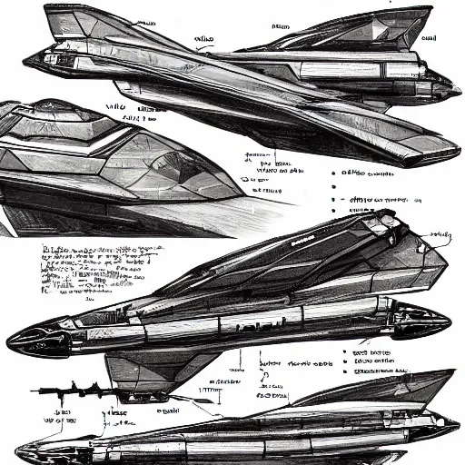 Image similar to sketches of fighting spaceship, full page, technical, detailed