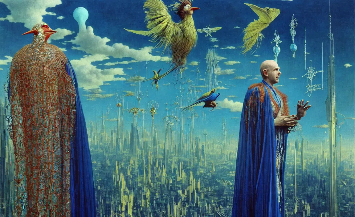 Image similar to realistic detailed portrait movie shot of a birdman wearing reflective transparent robes, sci fi city landscape background by denis villeneuve, amano, yves tanguy, alphonse mucha, ernst haeckel, max ernst, roger dean, masterpiece, rich moody colours, blue eyes