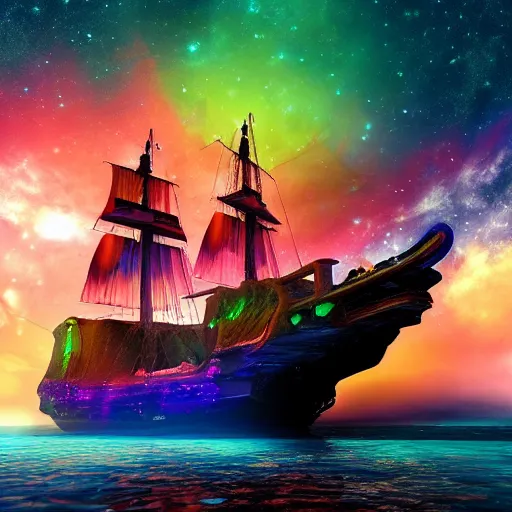 Prompt: pirate ship floating in space, colorful nebula, cinematic, unreal engine