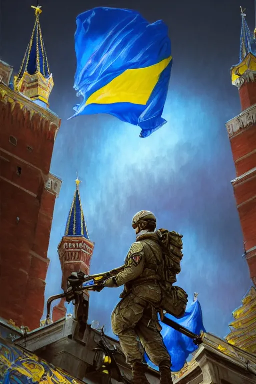 Image similar to special forces soldier raising ukrainian blue and yellow flag on red square kremlin, masculine figure, d & d, fantasy, bright atmosphere, volumetric lights, intricate, elegant, extremely detailed, digital painting, artstation, concept art, matte, smooth, sharp focus, hyper realistic, illustration, art by artgerm and greg rutkowski and alphonse mucha