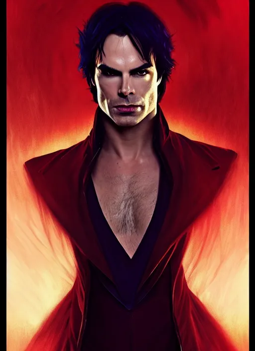 Image similar to portrait of ian somerhalder as a sultry vampire lord, damon salvatore, jewelry, greek, saphire, intricate, headshot, highly detailed, digital painting, artstation, concept art, sharp focus, cinematic lighting, illustration, art by artgerm and greg rutkowski, alphonse mucha, cgsociety