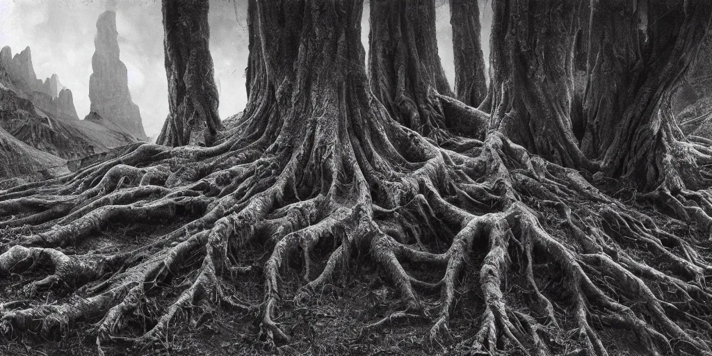 Image similar to ego perspective photography of own hands, rotting, getting overgrown by roots, forest, dolomites, alpine, detailed intricate insanely detailed octane render, 8k artistic 1920s photography, photorealistic, black and white, chiaroscuro, hd, by David Cronenberg, Raphael, Caravaggio