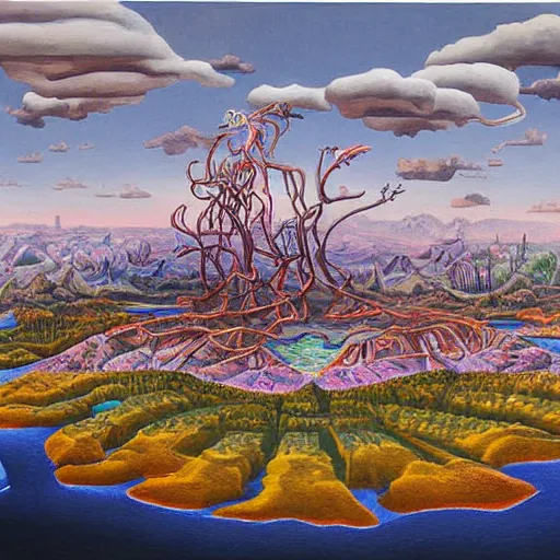Prompt: surrealist landscape, human organ city, painting, highly detailed