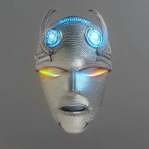 Image similar to realistic photograph of a futuristic shaman mask made of chrome scales and glowing fiber optic wires, zeiss lens, artstation, octane render