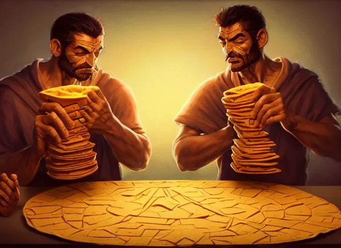 Prompt: two men made out of tortillas, their whole body is a tortilla, they are holding microphones, by marco bucci and frank frazetta, style of magic the gathering, high resolution, fantasy coloring, intricate, digital painting, artstation, smooth, sharp focus