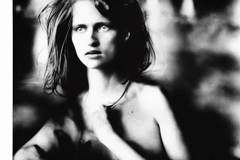 Prompt: close up, black and white portrait, beautiful white woman with bright blue eyes smoking, Peter Lindbergh, 35mm, film photo