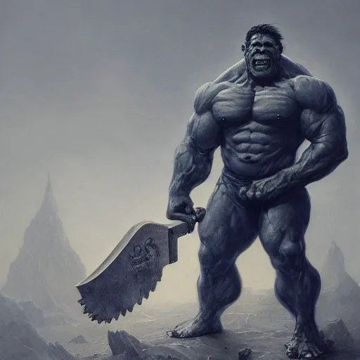 Image similar to artstation concept a midnight blue hulk holding an axe, dusty brown background, grotesque face, hyperdetailed, artstation trending, world renowned artists, worth 1 0 0 0. com, historic artworks society, antique renewel, cgsociety, by greg rutkowski, by gustave dore, deviantart