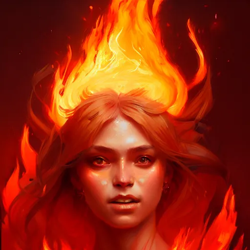 Image similar to a beautiful portrait of a fire goddess, flaming background, a detailed painting by greg rutkowski and raymond swanland, featured on cgsociety, fantasy art, detailed painting, artstation hd, photorealistic