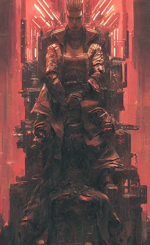 Prompt: « beautiful comic style portrait of cyberpunk king on the throne by greg rutkowski, very detailed »
