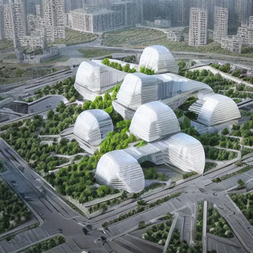 Prompt: several white future office building blocks with chinese xi'an culture, comfortable corridors and platforms, bird's - eye view, in xi'an, china, by paul lehr and john schoenherr and sou fujimoto and gmp and som and oma