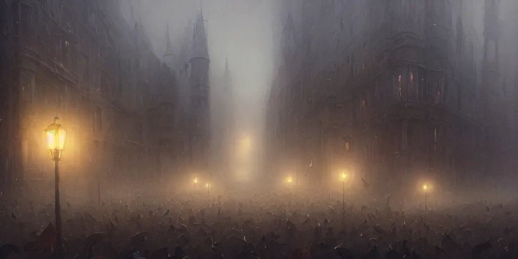 Image similar to a parade in a heavy swirling fog, soft lighting, night, stephen bliss, misty, unreal engine, oild painting, fantasy art by greg rutkowski, loish, rhads, ferdinand knab, makoto shinkai and lois van baarle, ilya kuvshinov, rossdraws, tom bagshaw, illustration, detailed and intricate environment