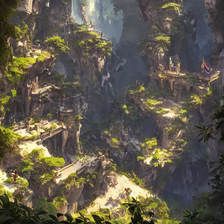 Image similar to secret overwatch headquarters carved inside a mountain surrounding a lush garden, trimmed, magical, natural light, fantasy, architecture, sharp focus, concept art, by greg rutkowski and craig mullins, atmospheric, octane render
