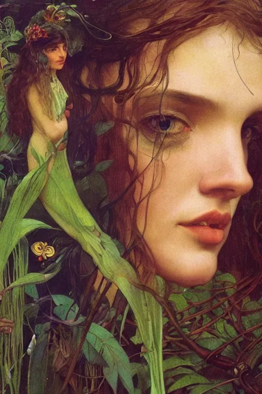 Image similar to realistic detailed portrait of bohemian girl in jungle by denis villeneuve, amano, yves tanguy, alphonse mucha, ernst haeckel, max ernst, roger dean, ridley scott, dynamic closeup